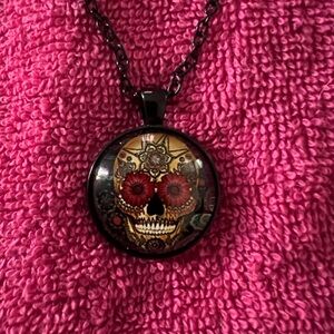 Sugar Skull Pendant Necklace with Red and Gold Accents